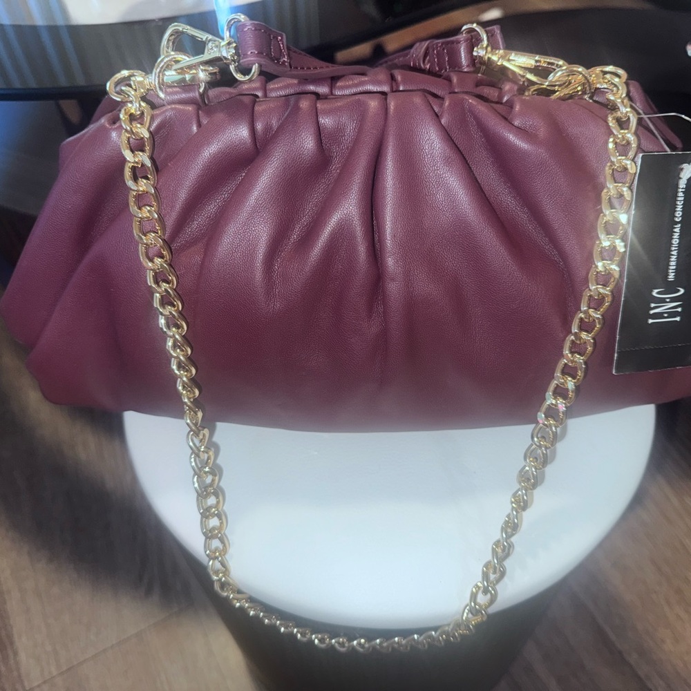 INC International Concepts Burgundy Clutch with Gold Chain